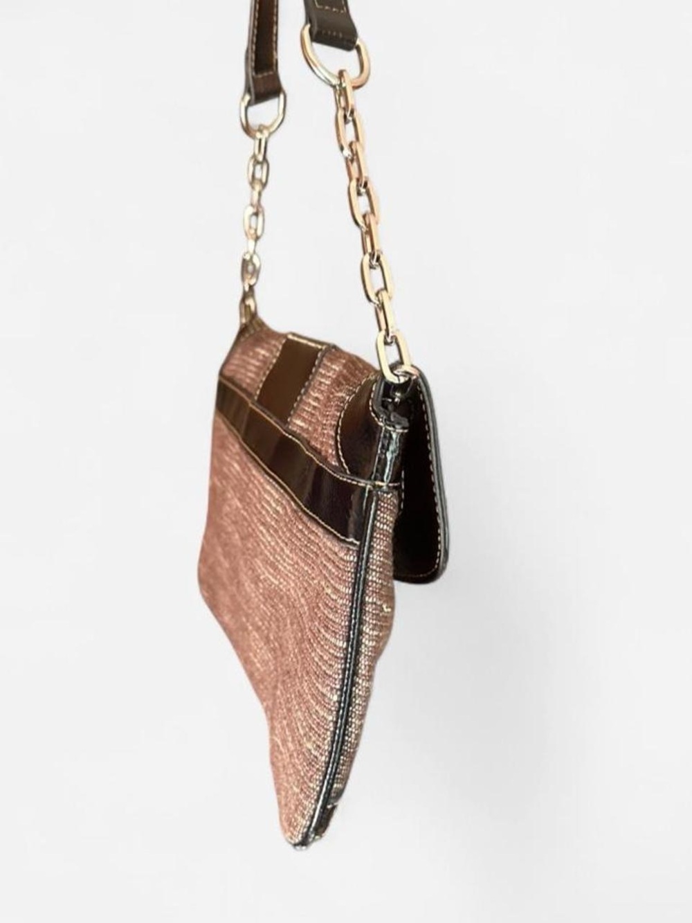 Vintage 2000s Merona Taupe and Black Shoulder Bag with Buckle and Chain Strap - Picture 4 of 8